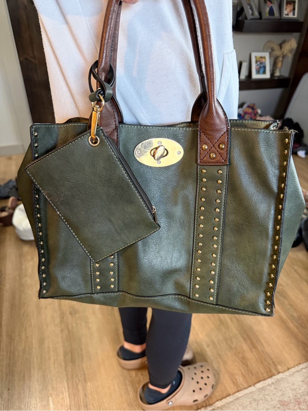 Olive Green Studded Tote Bag with Brown Handles with matching wristlet